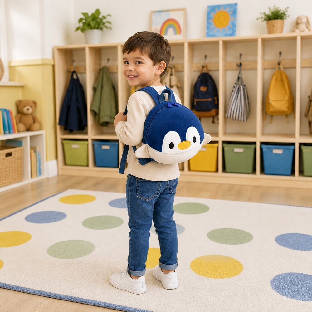 Child Plush Penguin Backpack Blue Gray Kids Zipper School Travel Bag